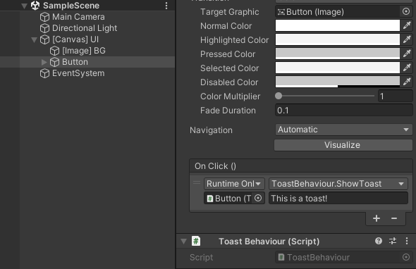 Screenshot showing a Toastbehaviour attached to a Button component. The Button's On Click event calls the ShowToast method with the string 'This is a toast!'