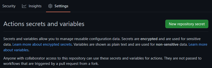 Screenshot showing the Github Actions Secrets page