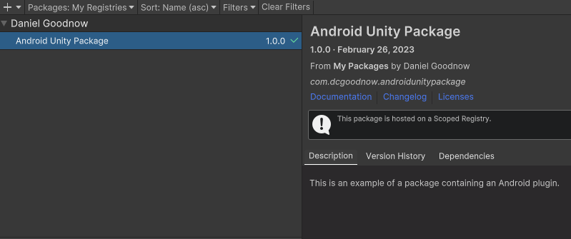 Screenshot showing package manager with Android Unity Package selected from scoped registry