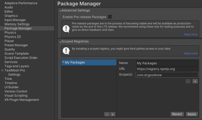 Screenshot showing package manager settings configured with an NPM registry scoped to com.dcgoodnow