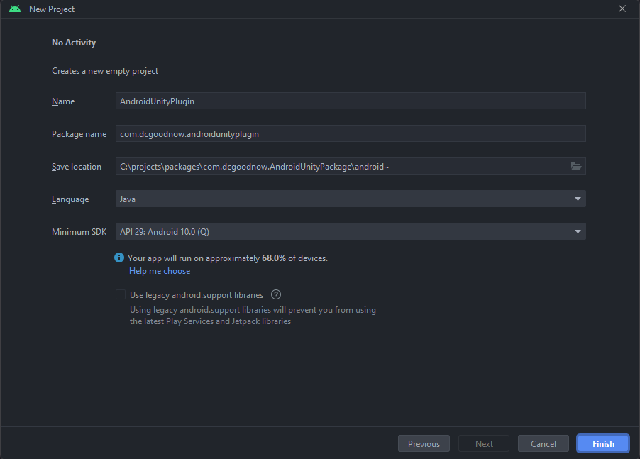 Screenshot showing the previously described settings for a new Android Studio project